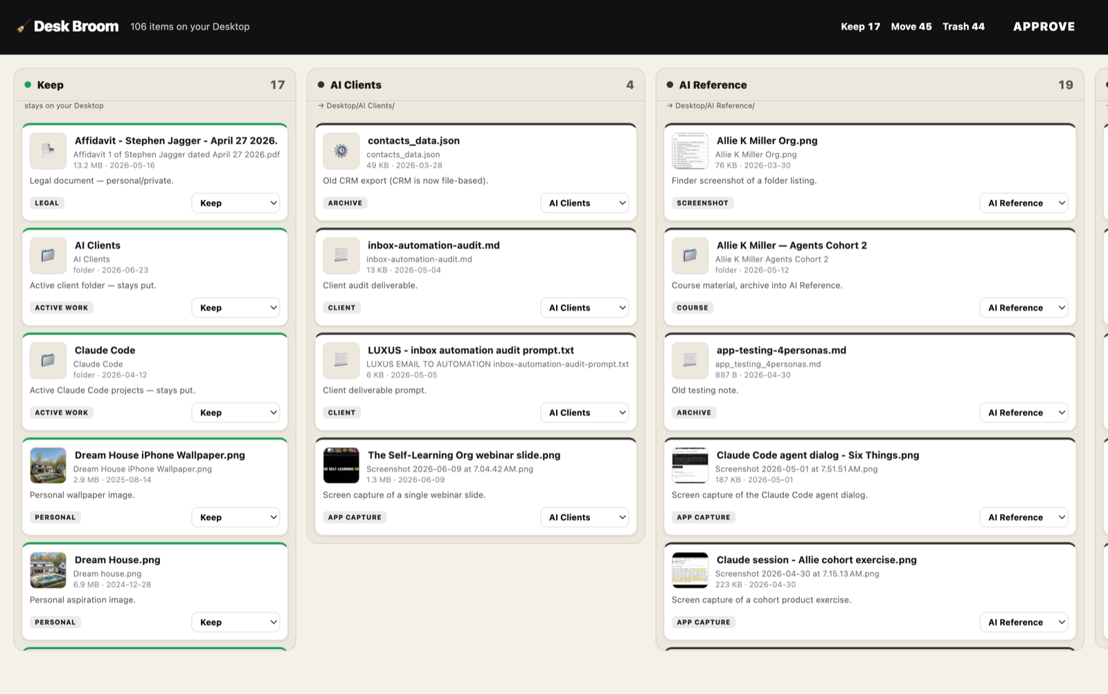 Example Desk Broom board: cards sorted into Keep, folders, and Trash columns